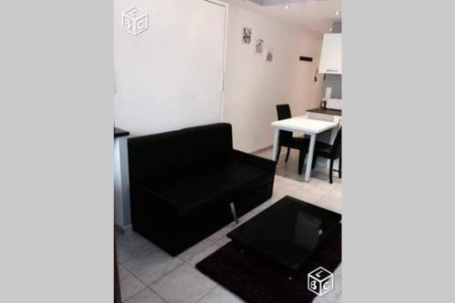 ein Wohnzimmer mit einem schwarzen Sofa und einem Tisch in der Unterkunft Charmant studio 2* rdc+ terrasse & parking privé in Aix-les-Bains