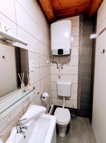 a bathroom with a toilet and a sink and a mirror at Kishíd Vendégház Pilismarót in Pilismarót