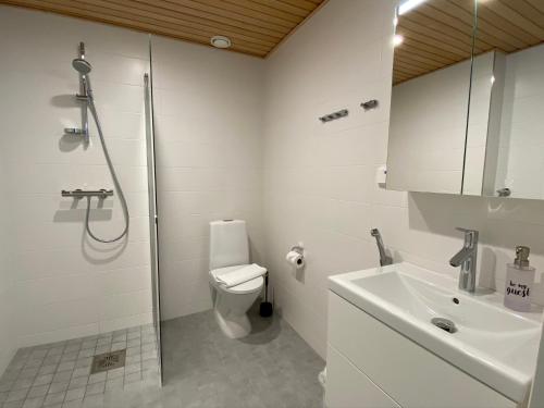 a bathroom with a shower and a toilet and a sink at Toimiva uusi yksiö keskustassa in Turku