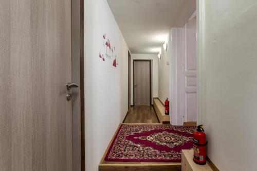 a hallway with a red rug and a white door at Budapest Three Cats Hostel in Budapest