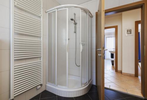 une douche avec une porte vitrée dans une salle de bain dans l'établissement Ferienwohnungen Ortlerblick, à Malles Venosta