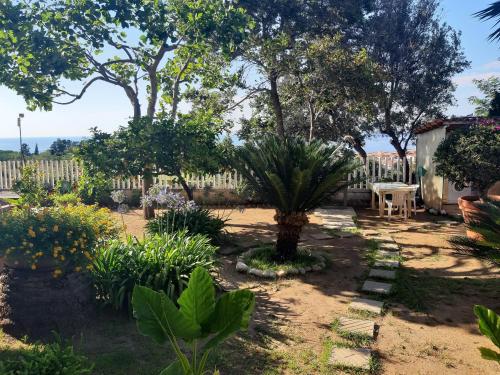 a garden with a fence and a table and some plants at Appartamenti Del Sole in Tropea