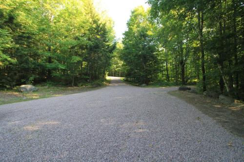 an empty road in the middle of a forest at Quaint Stowe Cabin in Stowe
