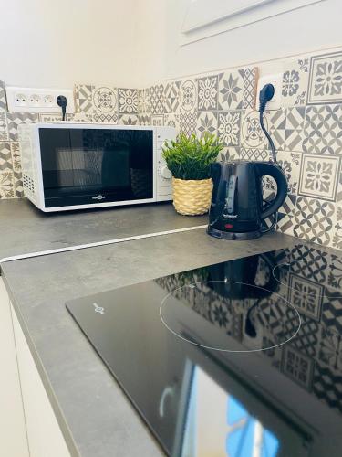 une cuisine avec un four micro-ondes et un ordinateur portable sur un comptoir dans l'établissement Appartement à 150 m de la mer, à La Seyne-sur-Mer
