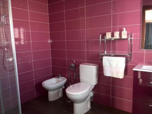 a purple bathroom with a toilet and a sink at Can Mossènyer in San Antonio