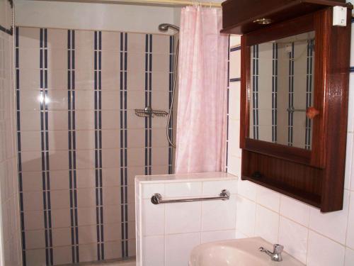 a bathroom with a shower and a sink and a mirror at Edificio Magico in Tarrafal