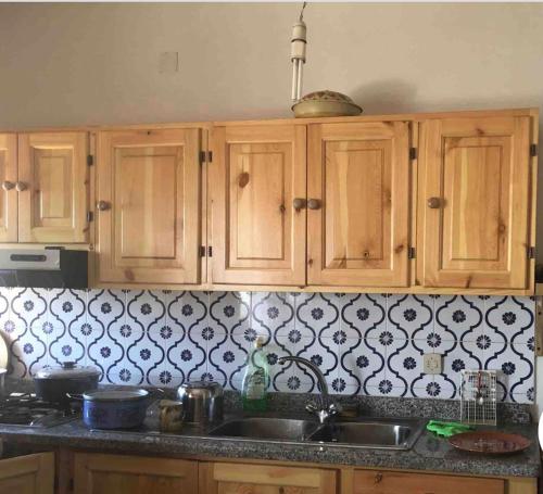 a kitchen with wooden cabinets and a sink at Campo dell'Osso Sky 2 in Subiaco