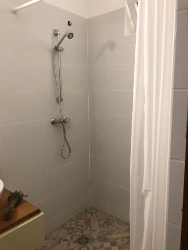a shower with a shower curtain in a bathroom at Borbély apartman in Nagykanizsa