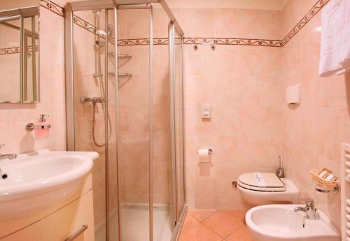 a bathroom with a shower and a toilet and a sink at Garda Family House in Brenzone sul Garda