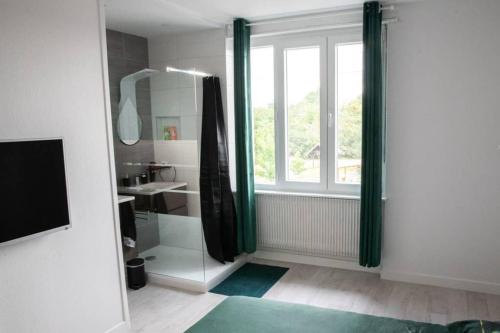 a bathroom with a shower and a sink and a window at Le natural'appart des 3 frontières in Village-Neuf