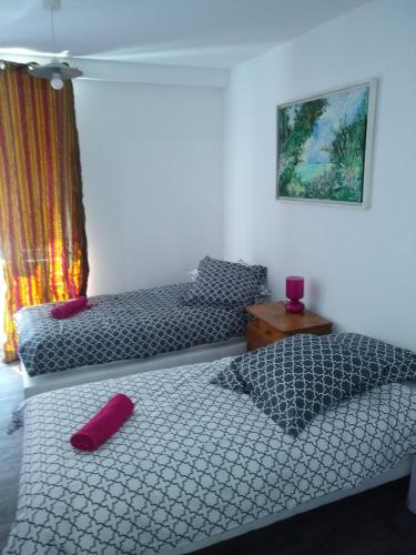 Duas camas num quarto com almofadas vermelhas em LE GRAND CARNOT em Nolay