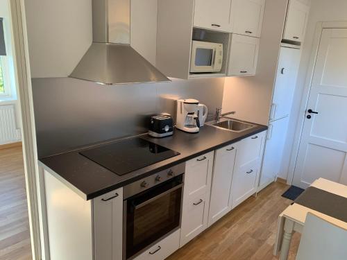 eine Küche mit weißen Schränken und einer Arbeitsplatte in der Unterkunft Field View Nest in Lund