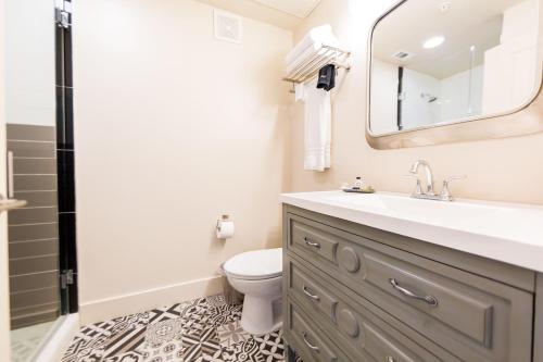 a bathroom with a sink and a toilet and a mirror at The Bishop Arts Hotel by Qresorts in Dallas