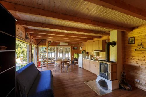 a kitchen and living room of a log cabin at Sodyba Brazylija in Taraldžiai