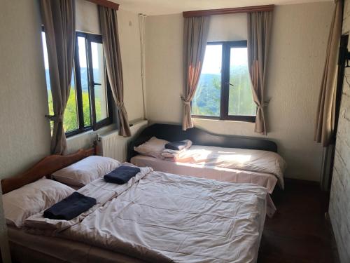 two beds in a room with two windows at Александрова вила 1 in Zlatograd