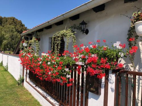 a balcony with red flowers on a house at Sobe Glavaš in Garešnica