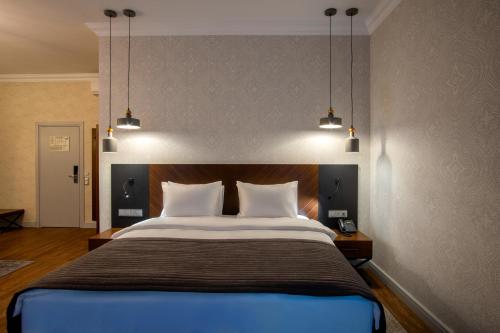 a bedroom with a large bed with two pillows at Botanica Hotel in Arkhangelsk