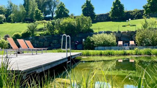 a couple of chairs sitting on a dock over a pond at RelaxResort Kothmühle in Neuhofen an der Ybbs