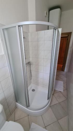 um chuveiro com uma porta de vidro na casa de banho em Café Dlask em Varnsdorf