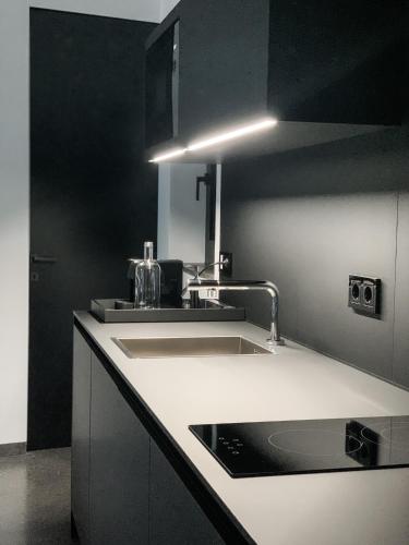 a kitchen with a sink and a counter top at Pratenberg Wine Lodge in Merano