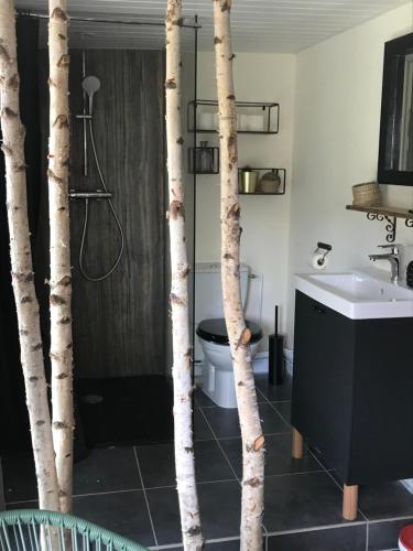 a bathroom with a shower and a toilet and trees at La Roséa in Mende