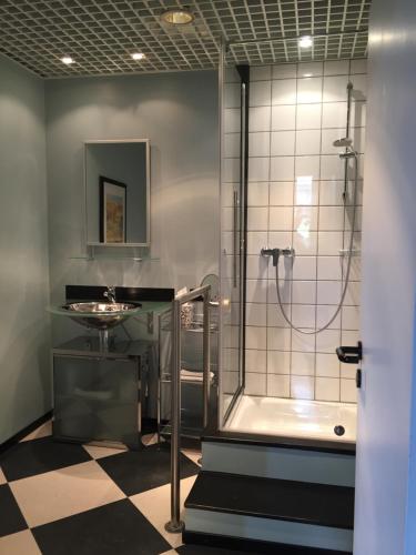 ハノーファーにあるSuite „Herrenhausen“ - stilvolles Apartment in Fachwerkhausのバスルーム(シャワー、シンク付)