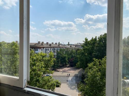 a view from a window of a street and buildings at Трехкомнатные апартаменты в ЦЕНТРЕ! СОБОРНАЯ! ПАРКОВКА! 4 РАЗД МЕСТА!Мак Дональдс in Mykolaiv