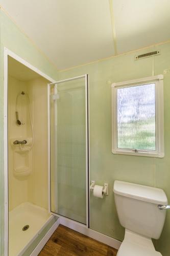 a bathroom with a toilet and a shower and a window at Camping u Kukačků in Horní Planá