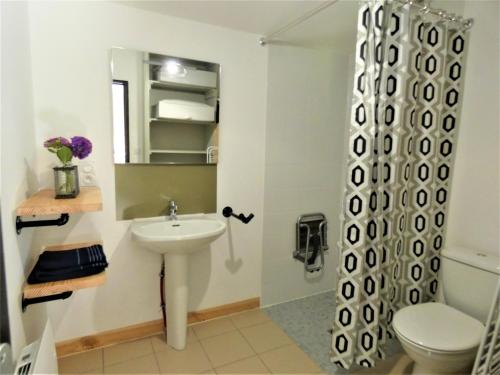 a bathroom with a sink and a toilet and a shower at La Fournière de Jean - La Téouleyre in Saint-Julien-en-Born