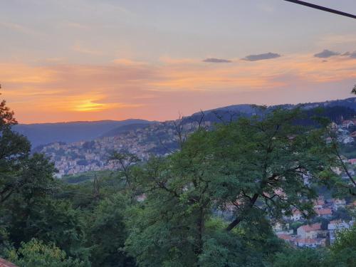a view of the sunset from a hill with trees at Kucica u Šumi in Užice