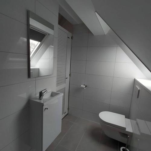 a white bathroom with a sink and a toilet at Logeren op Dijk43 in Broek op Langedijk