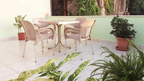 een tafel en stoelen op een patio met planten bij Guest House Zadeja in Shkodër