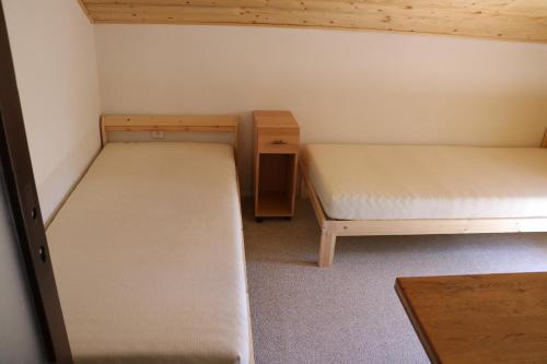 Cette petite chambre comprend deux lits et une table. dans l'établissement Chata Babeta Hrádeček u Trutnova, à Hertvíkovice