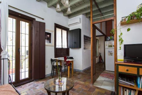 a living room with a table and a tv at Casa del siglo XVII in Seville