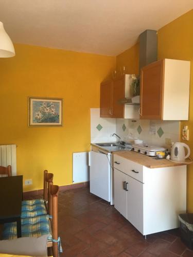 a kitchen with yellow walls and a white refrigerator at Appartamento il Giglio in Montale