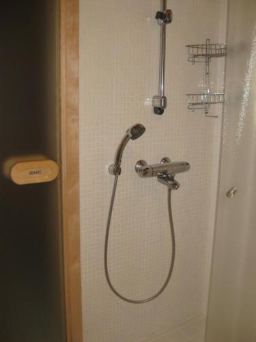 La salle de bains est pourvue d'une douche avec un pommeau de douche. dans l'établissement Tunturikoivu, à Ylläsjärvi