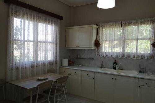 eine Küche mit einem Tisch, einem Waschbecken und 2 Fenstern in der Unterkunft Village View in Nea Epidavros