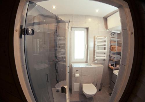 a bathroom with a shower and a toilet and a window at Przystanek Tykocin - domki gościnne w sercu Podlasia in Tykocin