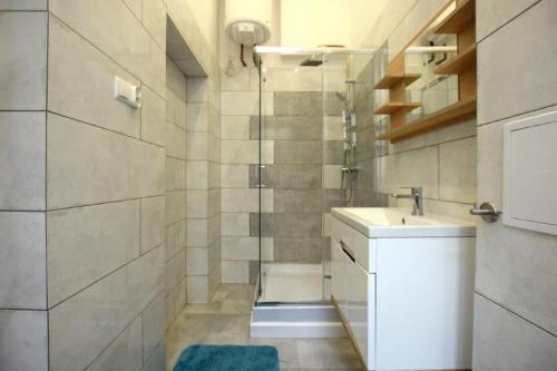 y baño con lavabo y ducha. en Kamienica Bydgoska 3, en Bydgoszcz