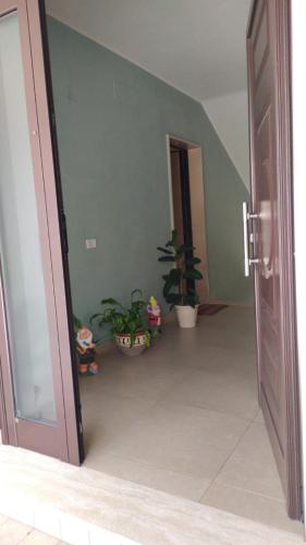 a hallway with potted plants and an open door at La dimora dei Sanniti in Busso