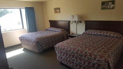 a hotel room with two beds and a desk at Safari Inn Motel in Winston