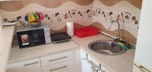 a kitchen counter with a sink and a microwave at Julija in Pančevo