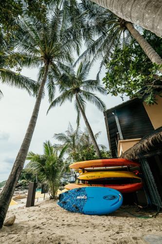 a group of surfboards on a beach with palm trees at Buri Rasa Village Phangan in Thong Nai Pan Noi