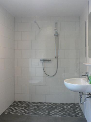 ein Bad mit einer Dusche und einem Waschbecken in der Unterkunft Gästehaus Haalck in Weddingstedt