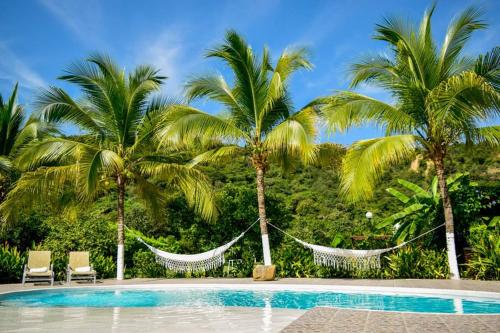 two palm trees with hammocks next to a swimming pool at FINCA YULUKA in Apulo