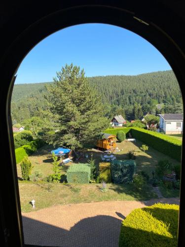 a view of a garden from a window at L’hippocampe in Wangenbourg