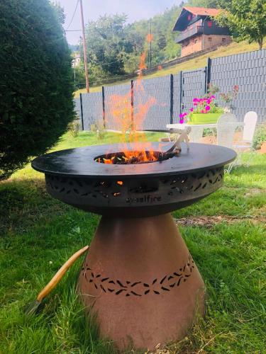 a fire pit sitting in the grass in a yard at L’hippocampe in Wangenbourg