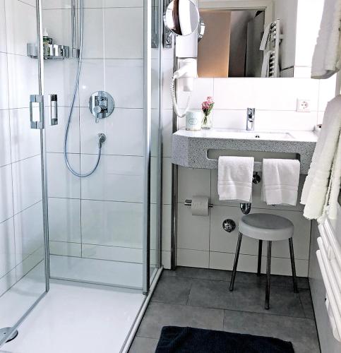 a bathroom with a shower and a sink and a stool at Hotel Eberbacher Hof in Biberach an der Riß