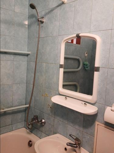 een badkamer met een douche, een wastafel en een spiegel bij Квартира рядом с парком Б. Хмельницкого (центр) из первых рук in Chernihiv