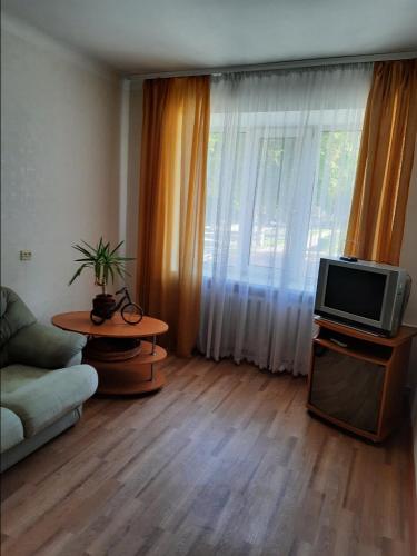 een woonkamer met een bank en een tv bij Квартира рядом с парком Б. Хмельницкого (центр) из первых рук in Chernihiv